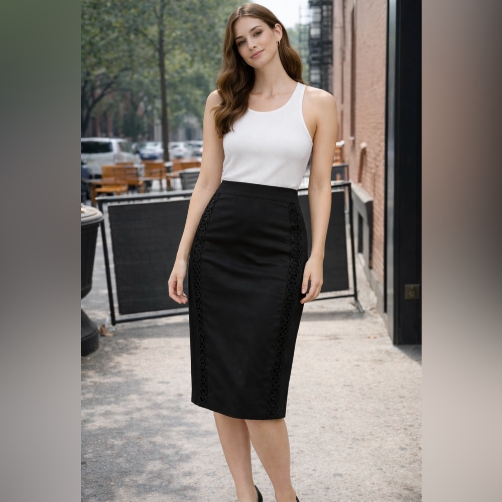 Catherine Malandrino Black Pencil Skirt Lace Side Detail Knee Length Petite 8P